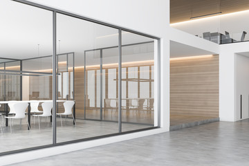 Glass and wood office hall with meeting room
