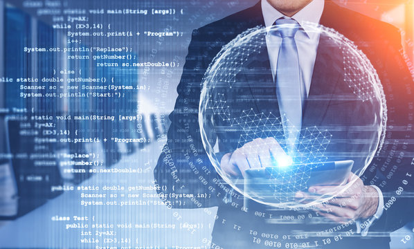 Man with tablet in meeting room, code