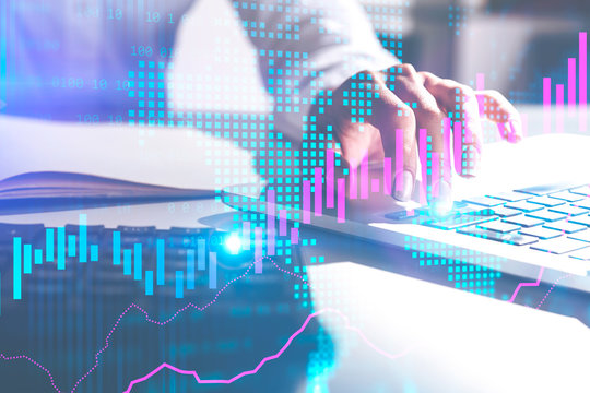 Woman hand typing on laptop, digital graph