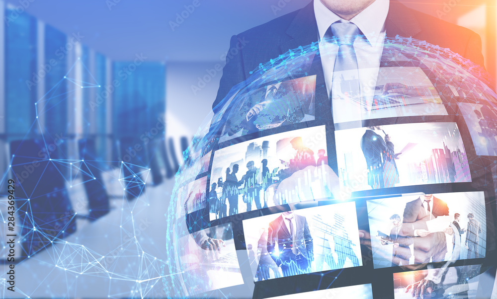 Poster man in office using video streaming interface