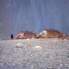 Afghanistan, Bamian Valley. Kuchi nomads pitch their tents on rough ground near Bamian Valley, a...