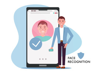 Face id concept. Man with mobile phone, male face on big smartphone screen. Personality Recognition in mobile app, modern phone with security system. Flat cartoon vector illustration