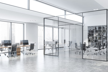 Glass meeting room corner in white office