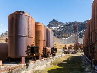 Obraz premium Former Bone Cookery. Grytviken Whaling Station in South Georgia. Grytviken is open to visitors, but most walls and roofs of the factory have been demolished for safety reasons.