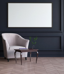 Mock up poster frame in Scandinavian style interior background, living room,  3d render. 