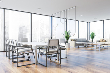 Panoramic meeting room, white chairs and lounge