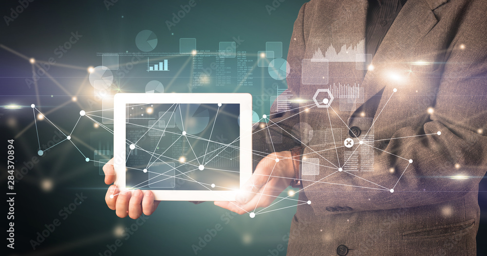 Aufkleber elegant hand holding tablet with virtual database and network concept