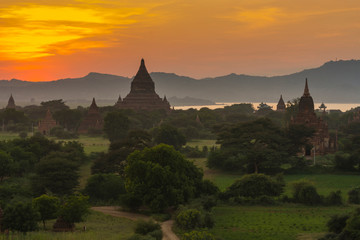 Myanmar. Bagan. Sunset over the temples of Bagan.