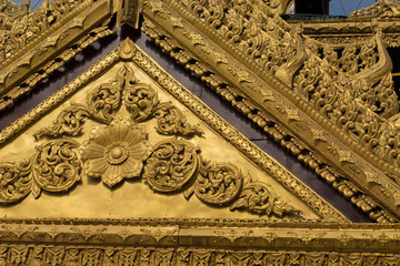 Myanmar (aka Burma), Yangon (aka Rangoon). Shwedagon Pagoda, the holiest Buddhist shrine in Myanmar and the most ornate, est. 600 BC. Gold roof detail.