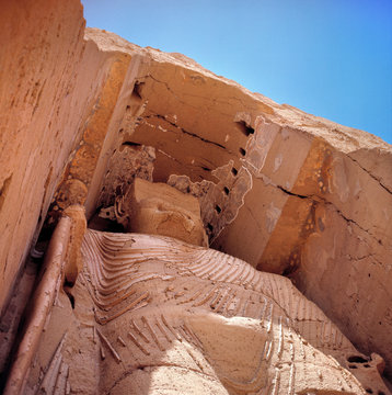 Afghanistan, Bamian Valley. The Large Buddha, 175 feet high, was carved from the face of the cliff in the Bamian Valley in Afghanistan and is now a World Heritage Site.