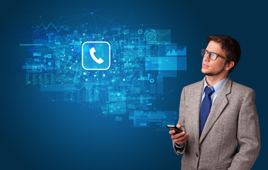 Young person using phone with mail and online communication concept