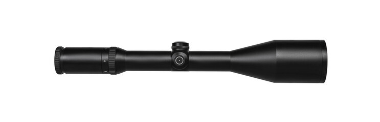 modern black optical scope for weapon isolated on whited. sight scope isolated on white back.