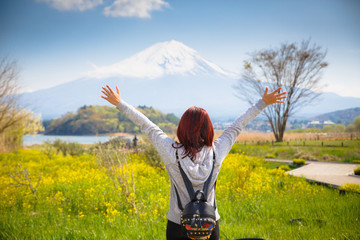 Mt diamond fuji with snow and flower garden along the lake walkway at Kawaguchiko lake in japan, Mt...