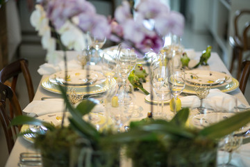 Orchid blur with plates set behind