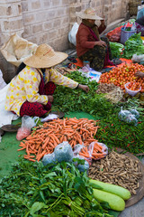 Myanmar. Shan State. Aung Pan market. Vegetable sellers.