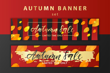 Trendy and elegant autumn background with realistic yellow gold orange leaves. Gradient leaf coloring. Rich, golden, luxury, realistic. Sale banner template Fall seasonal kit Vector illustration