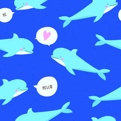 Cute seamless pattern with Dolphins and Speech Bubbles. Funny Undersea creatures vector texture. Marine background.