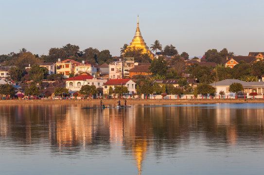 Wat Jong Kham, sits on a hill north of Lake Naung Tung in Kyaing Tong (Kengtung) town, Myanmar, (Burma)