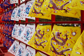 Fototapeta na wymiar China, Beijing, Colorful flag decorations at Summer Palace