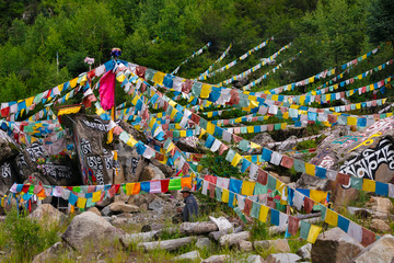Buddhist prayer words painted on rocks and praying flags by the river, Tagong, western Sichuan, China