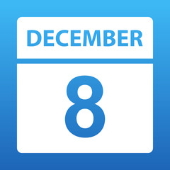 December 8. White calendar on a colored background. Day on the calendar. Eighth of december. Vector illustration.