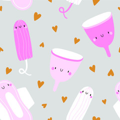 Super cute vector texture with Menstrual Cups, Pads, Tampons and hearts. Feminine background for Periods. Monthly cycle seamless pattern.