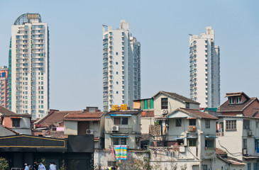 Traditional houses with modern high-rise, Shanghai, China