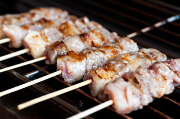 Premium fresh raw beef stick on eletronic stove grill to barbecue.  Roasted beef stick  preparing for meal.