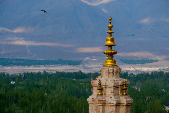 India, Ladakh, Leh, capital of Ladakh, Gonpa Soma (Jokhang) spire with ornamental gold accents and a bird against mountains and green fields