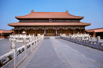 Asia, China, Beijing. Intricately sculpted railings line the road to the Hall of Perfect Harmony, Forbidden City, a World Heritage Site, Beijing, China.