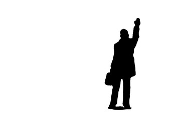 Selective focus silhouette miniature business man holding briefcase and push the hand up say hello isolated on white background.
