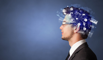 Head full of reports and global management, graphs and charts concept