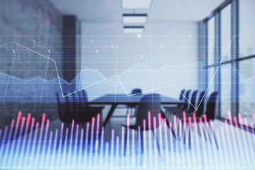 Multi exposure of stock market graph on conference room background. Concept of financial analysis