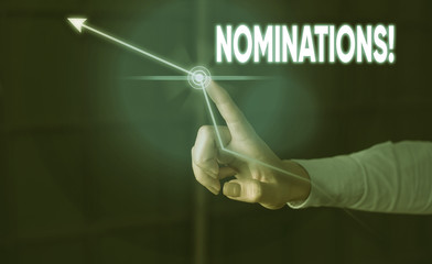 Conceptual hand writing showing Nominations. Concept meaning action of nominating or state being...