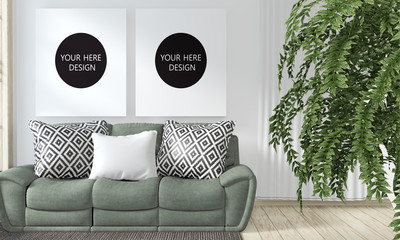 Mock up poster frame room with sofa green and decoration plants.3D rendering