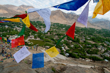 India, Ladakh, Leh, capital of Ladakh, red, yellow, blue, red, green and white prayer flags flying over fields with mountains in the background.