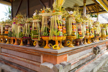 Indonesia, Bali. During Hindu temple festivals at Pura Penataran Sasih in Bali offerings of food are made to the Gods in Indonesia.