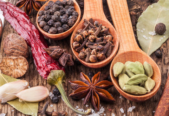Spices on wooden table