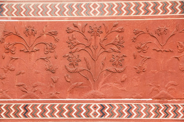 India, Uttar Pradesh, Agra, Taj Mahal, UNESCO World Heritage Site. Intricate floral motifs along...