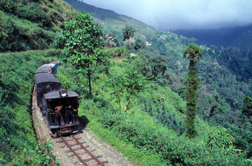 Asia, India, Darjeeling. The Darjeeling Himalayan Railway, a World Heritage Site, cuts through the...