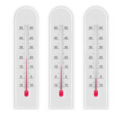 Set of 3d realistic illustration Temperature measurement isolated thermometer. Weather forecast meteorology, climate