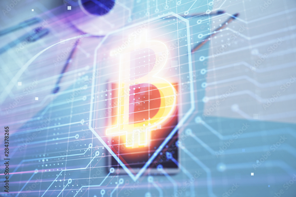 Aufkleber double exposure of bitcoin drawing on digital tablet on the table background. concept of blockchain
