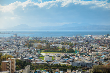HAKODATE, HOKKAIDO, JAPAN - OCTUBER 27, 2018 : The View fo Hakodate city from the top of Goryokaku Tower. Beautiful landscape of Hokkaido japan.