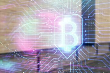 Double exposure of blockchain theme hologram on empty exterior background. Cryptocurrenecy concept