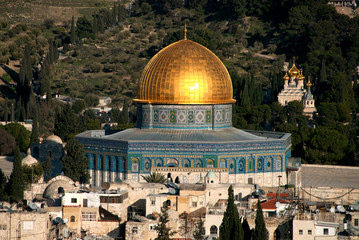 Israel, Jerusalem. An elevated city view with Temple Mount and Dome of the Rock in Jerusalem.