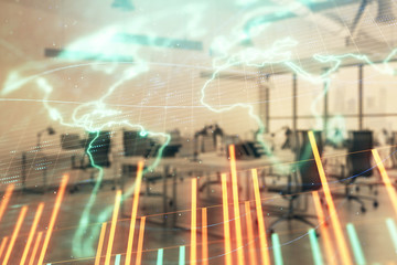 Stock and bond market graph and world map with trading desk bank office interior on background. Multi exposure. Concept of international finance