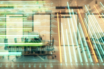 Stock market chart with trading desk bank office interior on background. Double exposure. Concept of financial analysis
