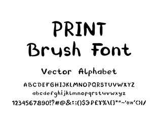 Print brush vector font. English uppercase and lowercase alphabet letters, numbers, punctuation marks, currency symbols. Typeface hand drawn with a brush and black ink