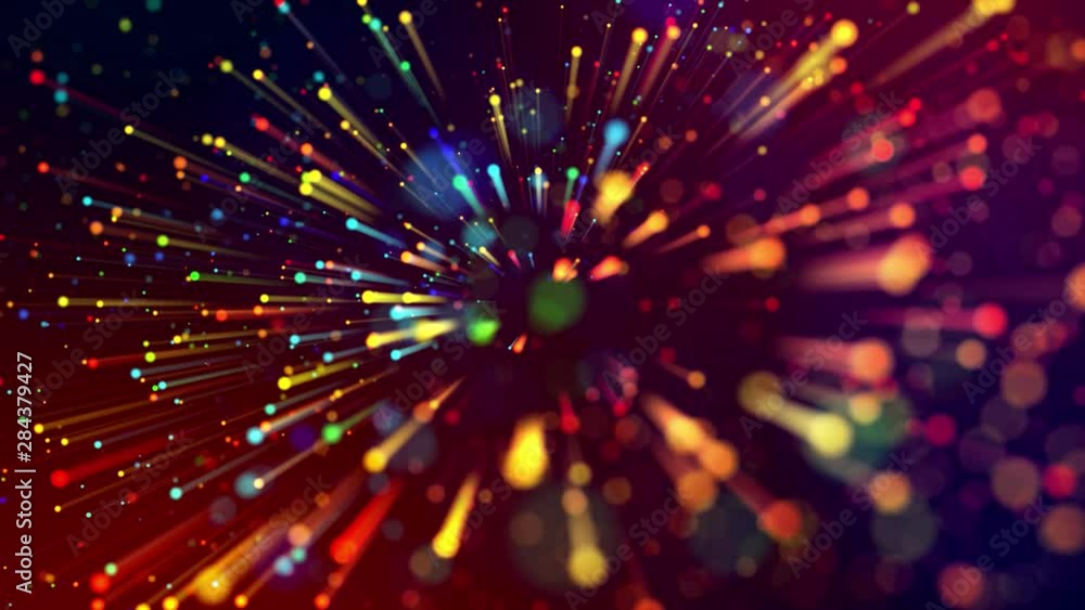 Poster 4k abstract background with multicolor light rays like laser show, with shining bokeh sparkling part