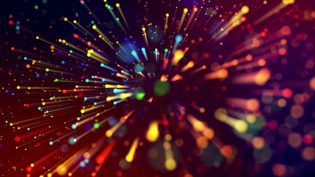 4k abstract background with multicolor light rays like laser show, with shining bokeh sparkling particles for bright festive events. Use luma matte as alpha channel to cut out particles and rays. V